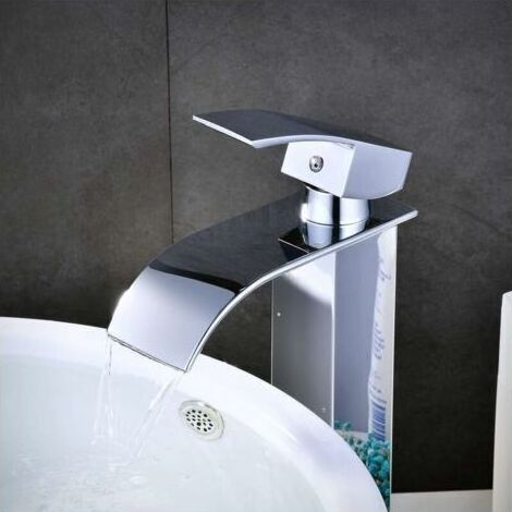 Rubinetto miscelatore a cascata alto per lavabo, design moderno a cascata con acqua calda e fredda regolabile, adatto per lavabi e lavandini del bagno, ottone cromato. (1/3)