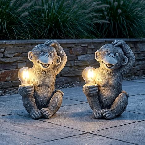 2x LED Außen Solar Dekoleuchte Affe Gartenleuchte Dämmerungsschalter Grau H 27,5 cm (1/5)