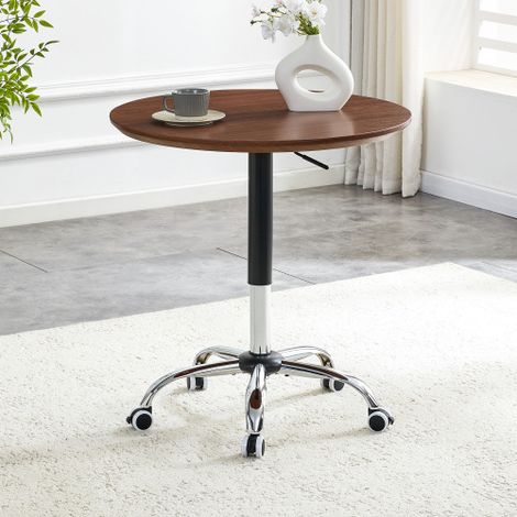 Mesa auxiliar redonda, regulable en altura, Ø70 cm, con ruedas, MDF color nogal y metal cromado