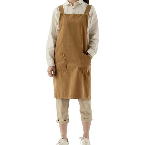 VURAHOME -Tablier de jardinage Tablier japonais en coton et lin croisé pour femme avec poches, robe chasuble à la mode pour le jardinage, la peinture, le nettoyage, la cuisine - Jaune-02 (1/5)