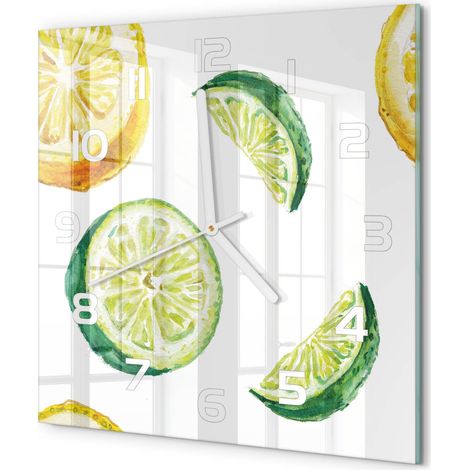 Horloge Murale Carrée Décoration Cuisine en Verre Trempé Silencieuse Moderne Citron et citron vert 30x30 cm (1/5)