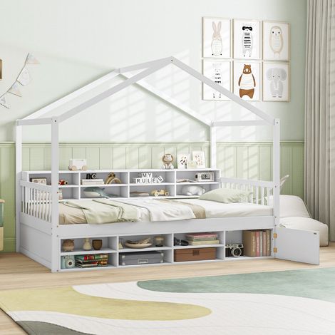 Lit Double pour Enfants avec Toit en Forme de Maison Cadre de Lit Plateforme En Bois 14 Cubes de Rangement Blanc (1/3)