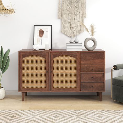 Buffet Bahut, Meuble de Rangement, Buffet, Buffet avec insert en rotin, largeur 130 cm, avec trois portes et deux tiroirs irréguliers 130 x 75.5 x 40 cm, KINSI (1/5)