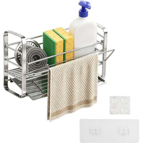 Organizer pour Évier, Support pour Évier de Cuisine en Acier Inoxydable 304 avec Bac d'Égouttage Auto-Vidangeant et Porte-Serviettes, Porte-Éponge pour Plan de Travail (1/5)