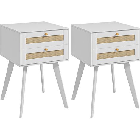 Conjunto de 2 mesitas de noche mesillas de noche estilo cannage con 2 cajones y elemento de ratán para dormitorio salón 40x40x60 cm blanco (1/5)
