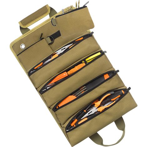 Sac à outils enroulable, 6 poches indépendantes, tissu Oxford épais, pochette de rangement pour outils d'électricien et de charpentier, couleur kaki (1/5)