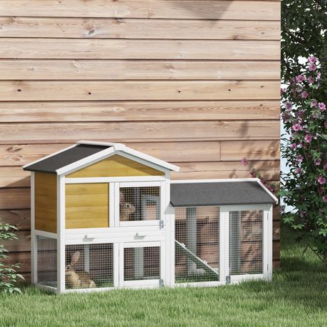 Conigliera in legno a 2 piani con tetto in bitume, recinto, rampa e porte, 147x54x84 cm, gialla (1/5)