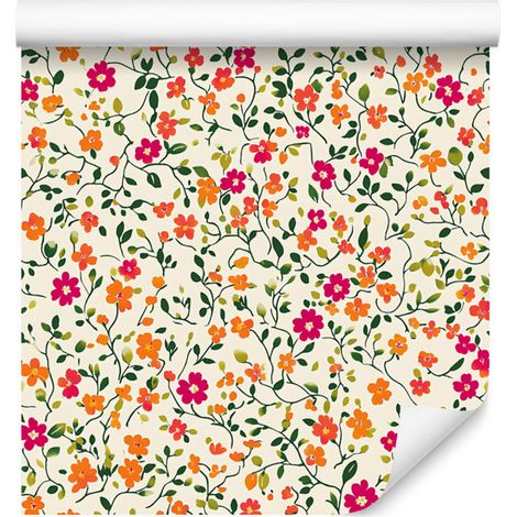 Papel pintado con pequeñas flores en tonos crema, beige y gris claro, 50x1000 cm. (1/5)