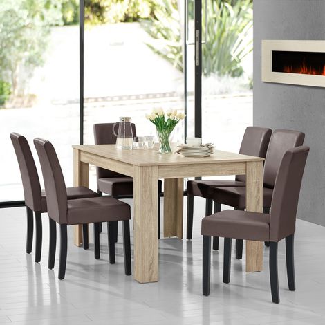 Mesa de comedor + 6 sillas Forssa MDF y polipiel 140x90x77cm - Roble claro + Marrón [en.casa] (1/5)