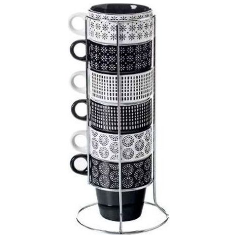 Lot de 6 mugs empilables en faïence – Rack en métal inclus – Motifs noirs et blancs – Contenance 26 cL – Dimensions 11 x 8,4 x 9 cm – Secret De Gourmet