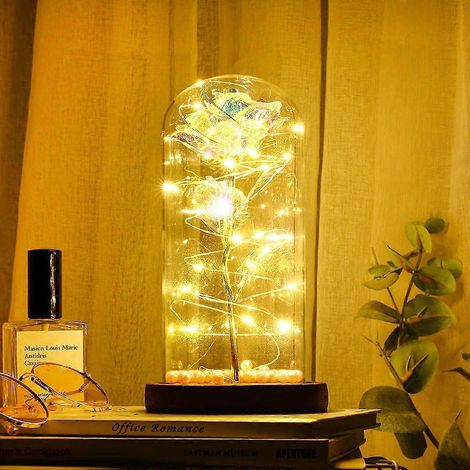 Rose en perles d'imitation sous cloche en verre avec lumière LED éternelle, cadeau idéal pour la Saint-Valentin, un anniversaire de mariage ou une décoration de Noël. (1/4)