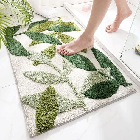 Tapis bain feuilles vertes 45x65 absorbant antidérapant doux (1/4)