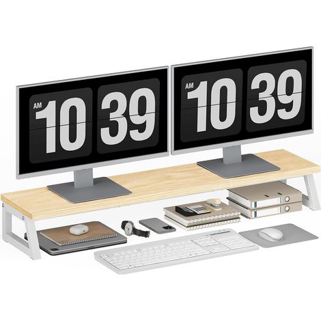 Support Moniteur Double, Rehausseur Écran PC, Support de Rangement, pour 2 Écrans d’Ordinateur, Organisation de Bureau, Accessoire, pour Bureau, Salle de Jeux, Blanc et Bois Naturel EWN121CJ01 (1/5)