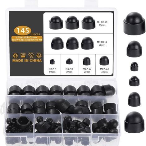145 Pièces Cache Ecrou, M4 M5 M6 M8 M10 M12 Cache Boulon Noir Bouchon Ecrou Cache Tete de Vis Capuchon Ecrou, Hexagonal Protection Cache pour Écrous Vis Boulons
