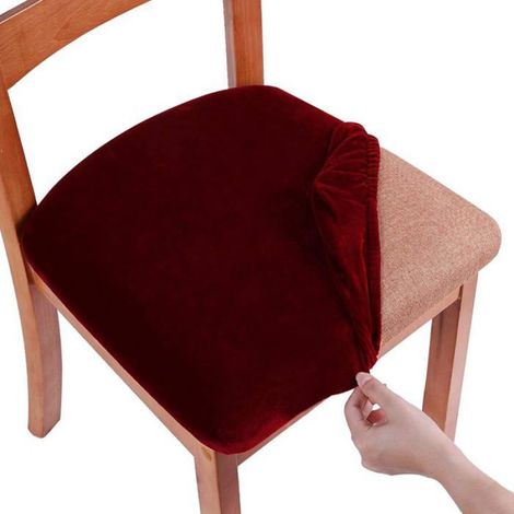 Lot de 2 housses de siège en velours pour chaises de salle à manger, lavables avec attache-coussin, rouge (1/4)