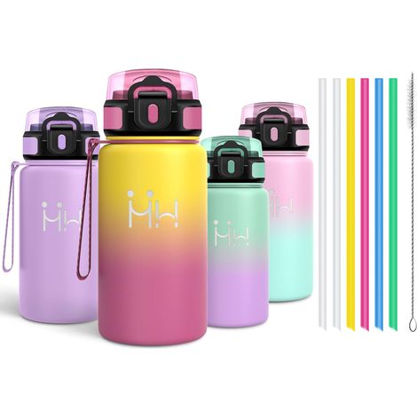 Gourde Inox 500ml, Gourde Isotherme avec six Pailles et 1 Brosse à épong, Étanche et sans BPA, Double Paroi Isolante, Bouteille D'eau - Jaune foncé (1/5)