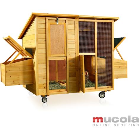 Melko – Poulailler roulant pour 4 poules – Bois naturel 214x125x108cm – 2 nichoirs avec accès extérieur – Toit imperméable et roues tout-terrain (1/4)
