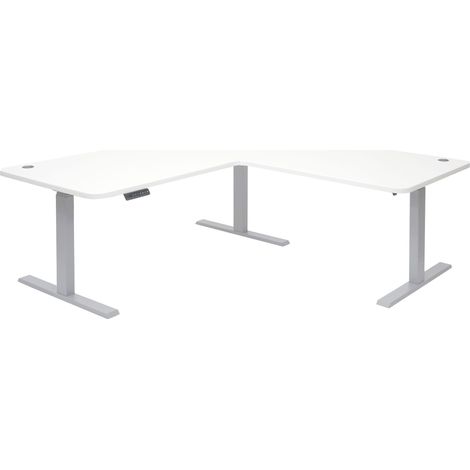 Escritorio de esquina mesa para ordenador regulable eléctricamente en altura 178 x 178 cm HDF color blanco patas de acero gris 040006022