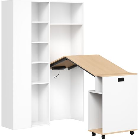 Scrivania pieghevole 2 in 1 con libreria, prese EU e USB, MDF bianco, MODENUIT (1/5)