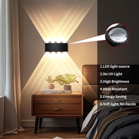 Moderne LED-Wandleuchte, 8 W, 3000 K warmweiß, für Innen- und Außenbereich, nach oben und unten gerichtet, IP65 wasserdicht, schwarze Wandleuchte für Schlafzimmer, Flur, Wohnzimmer, Treppenhaus, 2 Stü (1/4)