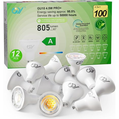 Ampoules GU10 LED Spot Classe A, 805LM Blanc Neutre 4000K，4,5W Équivalent 100W GU10 36° (Faisceau Étroit), Efficacité Energétique, Non-Dimmable, Lot de 12 (1/5)