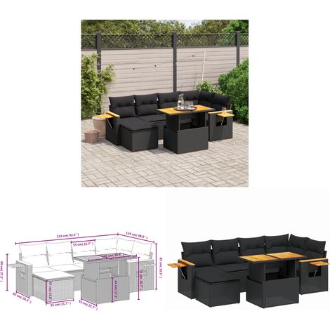 Salon de jardin 7 pcs avec coussins noir résine tressée - Ensemble Salon De Jardin - Meuble Extérieur - Résine Tressée - Rotin Synthétique - Table Extensible - Home & Living (1/3)