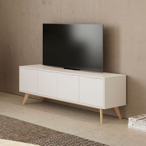 Meuble TV 4 portes 140x40x53 cm en pin blanc - KLIMEA (1/5)