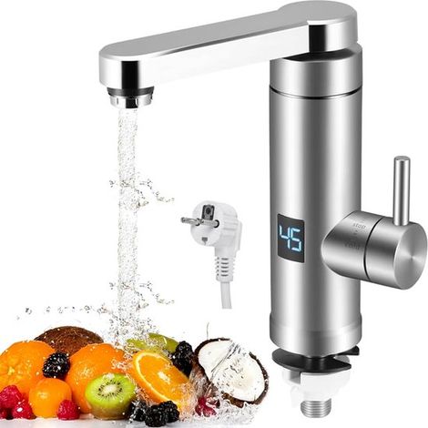 Grifo eléctrico de agua, acero inoxidable, grifo de agua caliente instantánea pantalla LED digital giratorio 360 grados, temperatura ajustable (1/5)