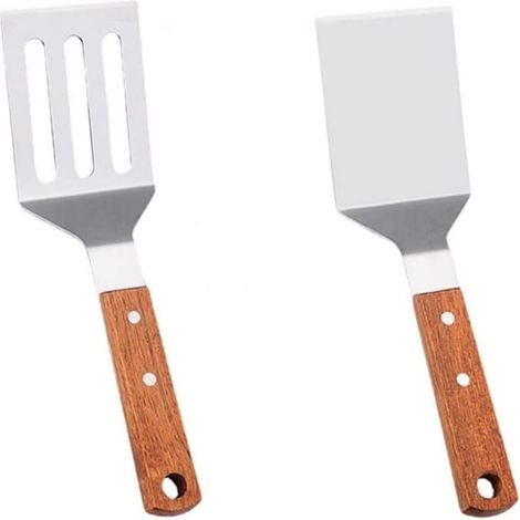 Spatule - Acier Inoxydable Alimentaire - Poignée En Bois - Pour Poêles À Frire Et Barbecue - 2 Pièces (1/5)