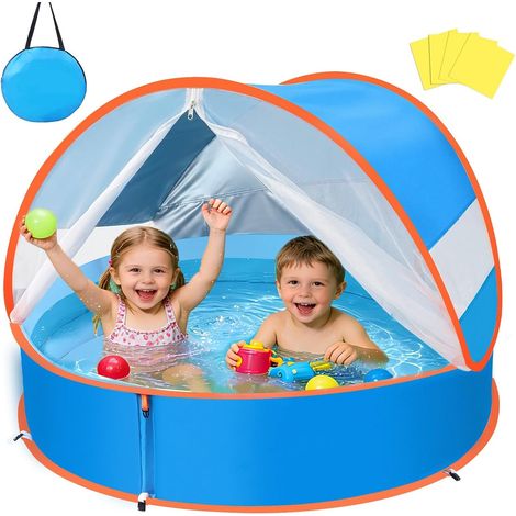 Piscine Bebe avec Pare Soleil 4 en 1, Tente Anti UV Bebe FPS 50+, Tente de Plage Bebe avec Moustiquaire, Pop-Up Piscine de Plage, Petite Piscine Bebe pour Pique-Nique Jardin Plage (1/5)