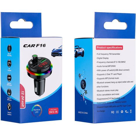 Car MP3 Bluetooth Player, Colorful Ambient Light, FM Transmitter, USB Flash Drive, TF Card Expansion, F17 USB Car Charger, F16 -- F16 Button Version (1/3)