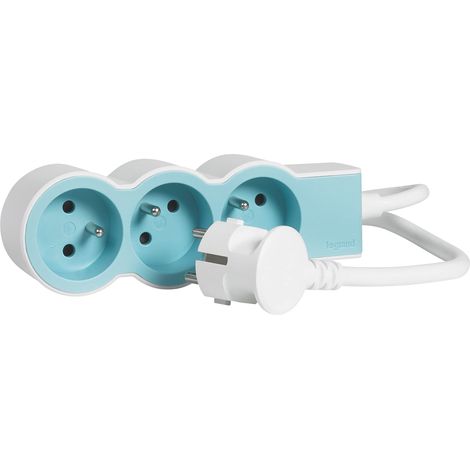 Rallonge multiprise extra-plate avec 3 prises de courant avec terre avec cordon 1,5m - blanc et bleu