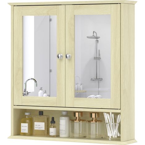 Armario de pared para baño con espejo, 56x13x58 cm. Armario con puertas dobles con espejo, acabado en madera natural: elegante mueble de pared para un baño organizado. (1/5)