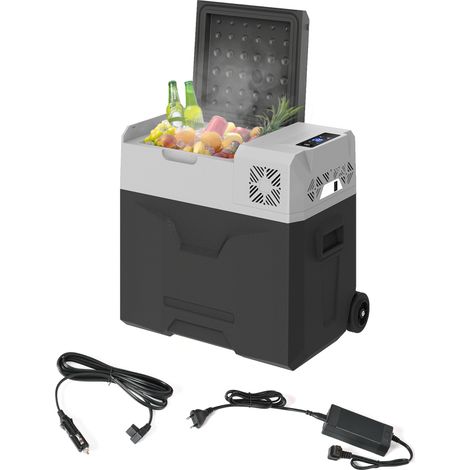 Glacière électrique portative 50L, jusqu'à -20°C, écran tactile, 2 roues et poignée télescopique, 58,6 x 37,8 x 54,5 cm, Grise