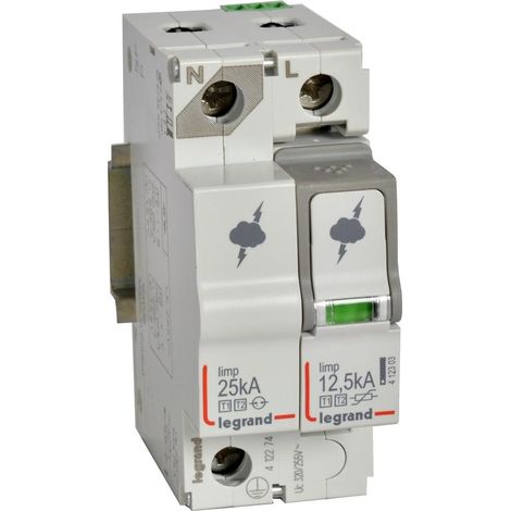 Parafoudre pour protection générale de tableau principal typeT1+typeT2 Iimp 12,5kA/pôle 1P+N 2 modules LEGRAND 412274