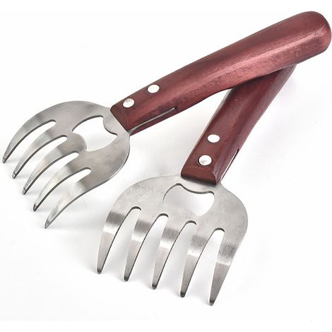 1 paire de fourchettes à viande en forme de patte d'ours en acier inoxydable pour déchiqueter ou tirer le porc/poulet/viande/dinde, gadgets de cuisine pour BBQ/griller/trancher la viande(Bois rouge) (1/5)