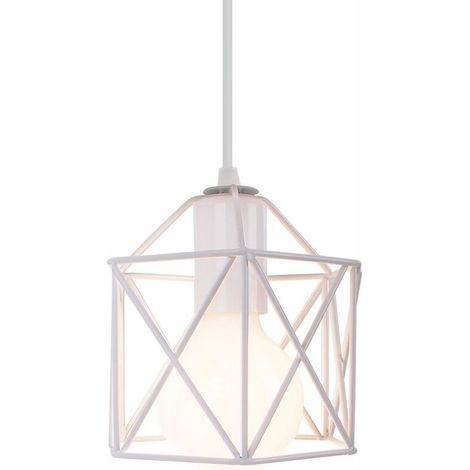JKWG Rétro Suspension Luminaire Industrielle en Métal Cage Hexagone Vintage Lustre Abat-jour Plafonnier E27 Géométrique Design Lampe pour Salon Chambre Cuisine, 15CM, Blanc - Blanc (1/4)