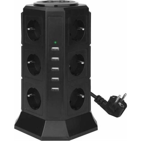 Tour Multiprise Parasurtenseur Parafoudre 12 Prises avec 5 USB 4,5A Ports BLEOSAN - Cordon de 2m - Noir (1/4)
