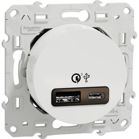 Schneider Electric – Prise USB double charge rapide type A+C 18W 3,4A – Blanc – Installation facile par griffes ou vis – S520219
