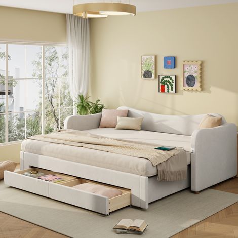 Bett 90x200 Ausziehbar mit Stauraum Samt Beige HAVRYA (1/5)