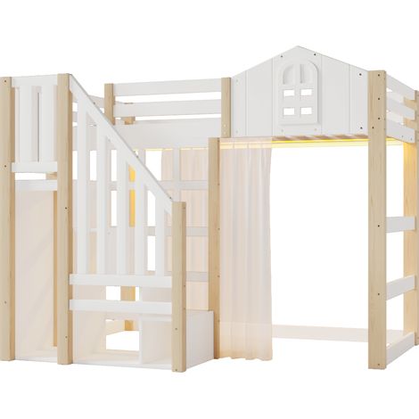 Letto a soppalco 90x200 cm con LED, finestra e scala contenitore bianco naturale (1/5)