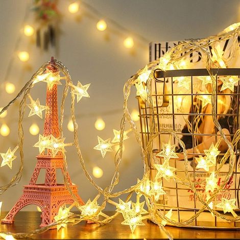 Guirlande Lumineuse Etoile 10M 80 LED Guirlande Batterie Étanche IP65 Luminaires Intérieur Extérieur Blanc Chaud Décoration pour Fête Noël