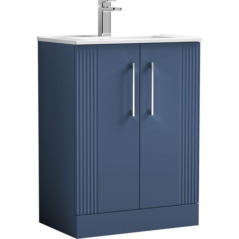 Belvide Partial Fluted 2 Door Floor Standing Vanity Unit with 1 Tap Hole Minimalist Basin - 600mm - Blue