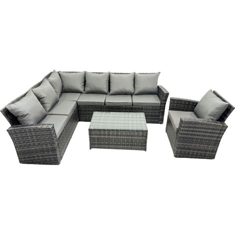 Fimous Hoher Rücken Rattan Ecksofa Set Länger Couchtisch Gartenmöbel Dunkelgrau Linke Option mit Extra Sessel