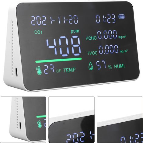 Moniteur de qualité de l'air 6 en 1 : Détecteur intelligent de dioxyde de carbone/composés organiques volatils totaux/formaldéhyde/température/humidité de l'air (blanc) (1/5)