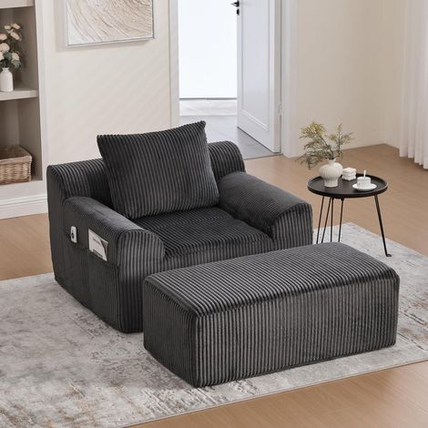Übergroßer Cord-Sessel mit Hocker, Seitentaschen, Dunkelgrau (1/5)