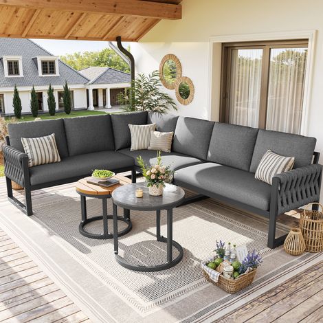 Salon de jardin 5–6 personnes, modulable, gris, avec pieds réglables et coussins amovibles (1/5)
