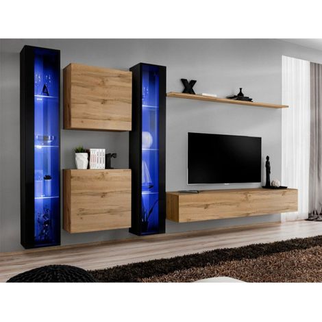 Meuble TV Mural Design "Switch XVI" 330cm Naturel & Noir (1/4)