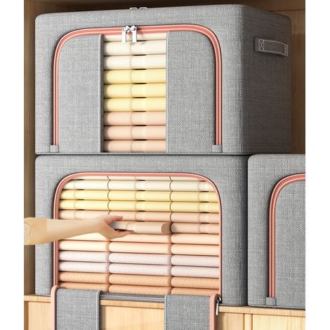 Set bestehend aus 1 grauen Aufbewahrungsbox aus Stoff, 100 l, Metallrahmen, faltbaren Fächern, Sichtfenstern, stapelbar