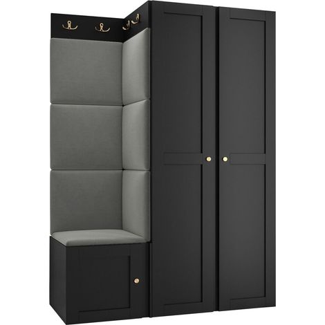 Meuble d'entrée Hartford 379, Noir, 186x116x46cm, MDF, Stratifié, Tissu, Murale, À poser